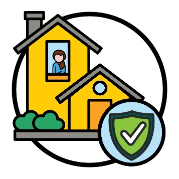 A person in a house with a safety icon.