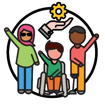 A group of diverse people with disability with the services icon above them.