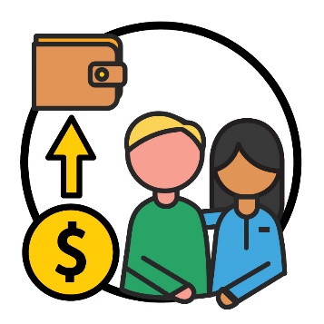 A person and their support worker standing together, next to them is a dollar sign with an arrow pointing to a wallet.