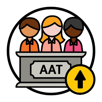 Three people standing behind a panel with the words AAT, there is an arrow pointing up icon beside it.