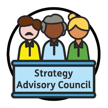 Three people standing behind a panel with the words Strategy Advisory Council.