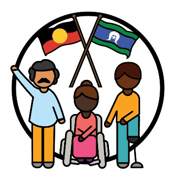A group of First Nations people with disability and the Aboriginal and Torres Strait Islander flags.