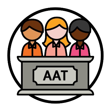 Three people standing behind a panel showing the letters 'AAT'.