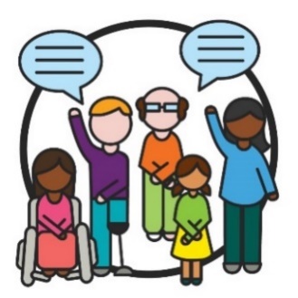 A group of diverse people, 2 of them have speech bubbles above them.