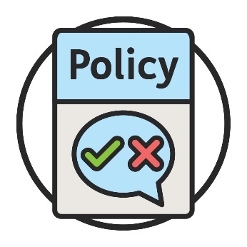 A policy icon with a speech bubble on it, showing a tick and a cross. 