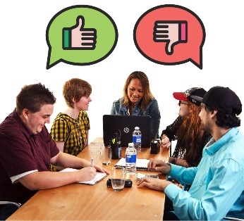 A group of people in a meeting. They have speech bubbles, one with a thumbs up and the other with a thumbs down.