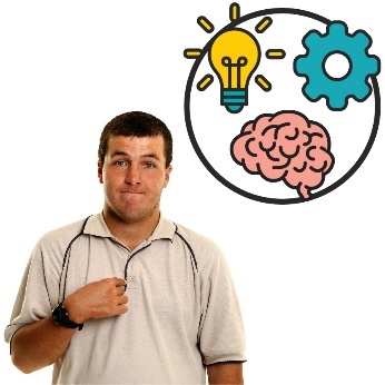 A person pointing at themselves. Above are three icons, a lightbulb, a cog, and a brain. 