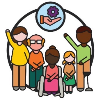 A group of people, some with visible disabilities. There is a supports icon above them. 