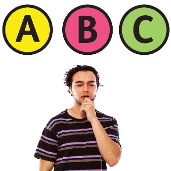 A person thinking. Above are options A, B and C.