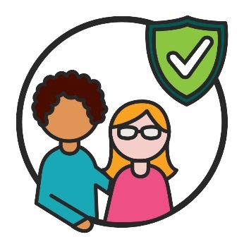 A person supporting someone else, with a safety icon above. 