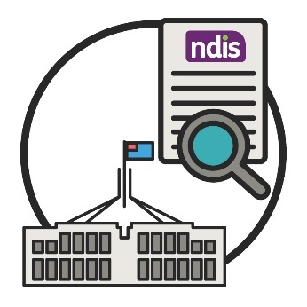 A government building with an NDIS document above, and a review symbol on the document. 