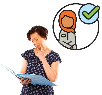 A person reading a document. Above is an icon of a person with a tick next to them. 