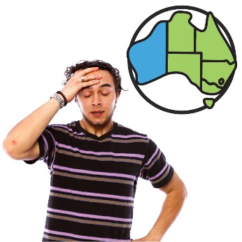 A person holding their head. Above is a map of Australia with Western Australia shaded in. 