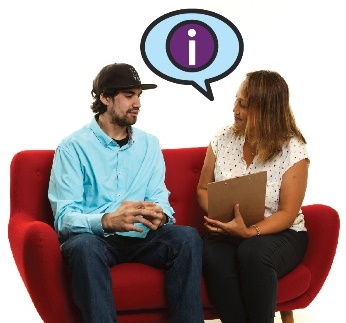 A woman sharing information with a man. 
