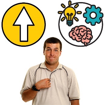 A person pointing at themselves. Above are three icons, a lightbulb, a cog, and a brain. There is also an arrow nearby pointing upward. 