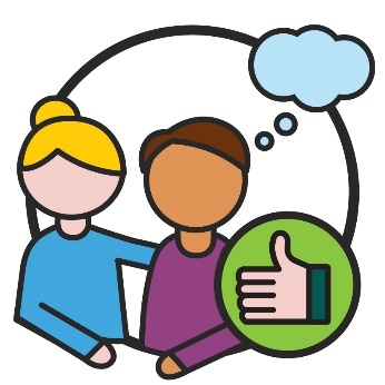 A person supporting someone else. There is a thought bubble above their head and a thumbs up icon nearby. 