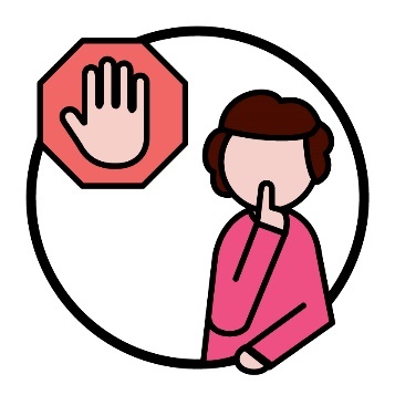 A person putting their finger in front of their mouth to tell someone to keep a secret. Above them is a stop sign.