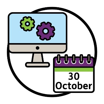 A computer with 2 cogs on the screen. Next to the computer is a calendar that reads '30 October'.