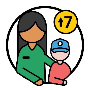 An NDIS worker supporting a child. Above the child is a bubble with the number '7' and an arrow pointing up.