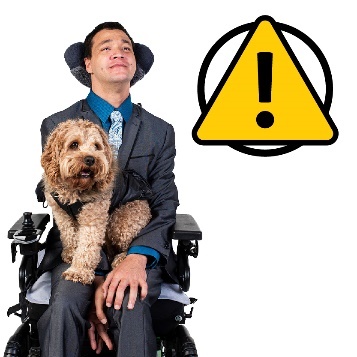 A person with disability with a support animal. Next to them is a problem icon.