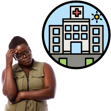 A worried person with a hospital building next to them.