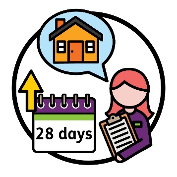 An NDIA worker with a speech bubble that has a house icon in it. Next to the worker is a calendar that reads '28 days' with an arrow pointing up next to it.