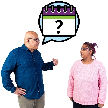 An IAC member asking a worker a question. The IAC member has a speech bubble with a calendar with a question mark on it.