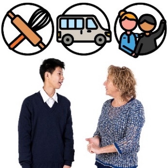 An early childhood provider having a conversation with a child. Above them are icons for a rolling pin and a whisk, a car, and a person supporting someone else.