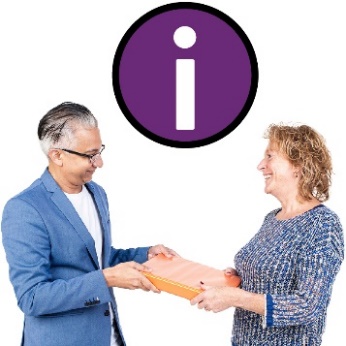 An early childhood provider giving an NDIA worker a folder. Above them is an information icon.