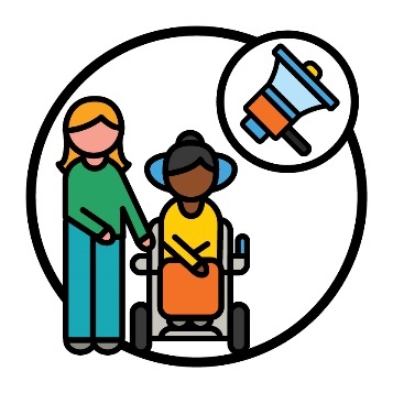 A person supporting someone with disability. Above them is a megaphone icon.