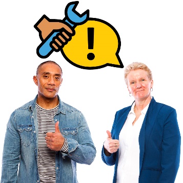 A community member and an NDIA worker giving a thumbs up. The NDIA worker has a speech bubble with an importance icon and a hand holding a wrench.