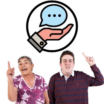 2 participants with their hands raised. Above them is a hand supporting a speech bubble.