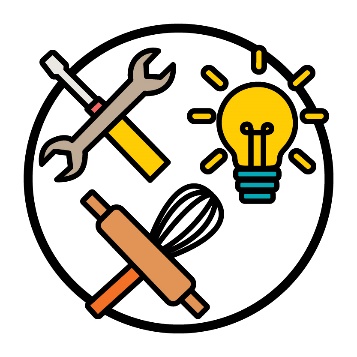 A skills icon: a wrench and a screwdriver, a rolling pin and a whisk, and a glowing lightbulb.