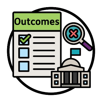 An 'Outcomes' document with a government building and magnifying glass next to it. There is a cross in the lens of the magnifying glass.