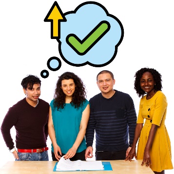 A group of people looking at a document. They have a thought bubble with a tick and an arrow pointing up.