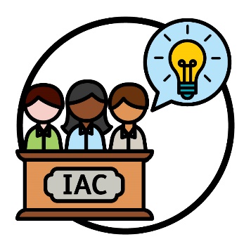 3 people behind a bench that says 'IAC'. Next to them is a speech bubble with a light bulb icon in it.