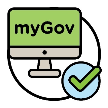 A computer with the myGov website on the screen and a tick.