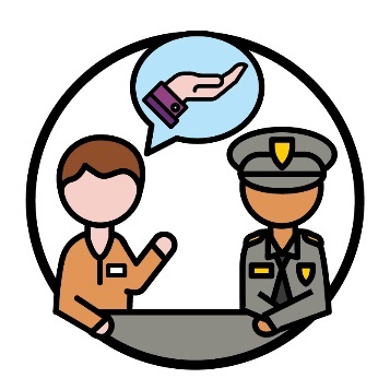 A JLO having a conversation with a police officer. Above the JLO is a speech bubble with a support icon in it.