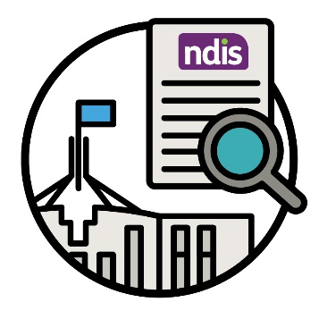 The Australian Government Parliament House icon and an NDIS document with a magnifying glass.