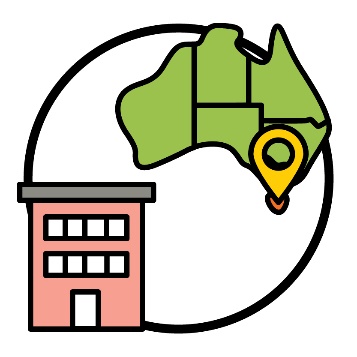 A map of Australia showing the states and territories. There is a location icon on Tasmania. Next to the map is a building.