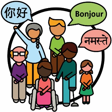 A group of people from diverse cultural backgrounds. Above them are 3 speech bubbles saying 'Hello' in 3 different languages.