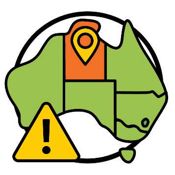 A map of Australia showing the states and territories. There is a location icon on the Northern Territory. Next to the map is a problem icon.