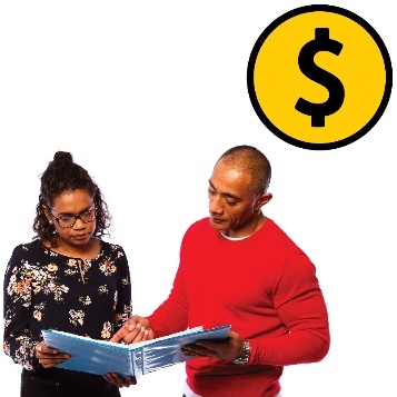 A dollar sign above 2 people reading a document together.