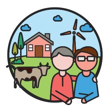 A provider supporting a person in front of a farmhouse with a cow and a windmill. 