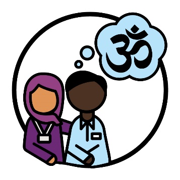 An NDIA worker supporting another worker. Above them is a thought bubble with a Hinduism symbol in it.