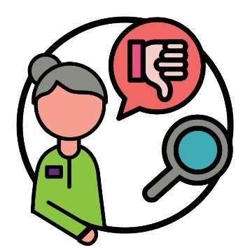 A provider next to a magnifying glass icon and a speech bubble with a thumbs down icon in it. 