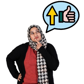 A person thinking next to a speech bubble with an arrow pointing up and a thumbs up icon in it.