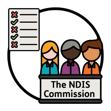 3 people behind a bench that says 'The NDIS Commission'. Next to them is a document with crosses and ticks on it.