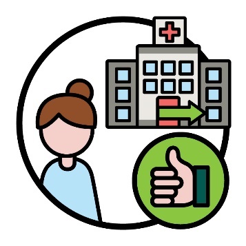 A participant next to a hospital building and a thumbs up icon. There is a green arrow pointing out of the hospital door.