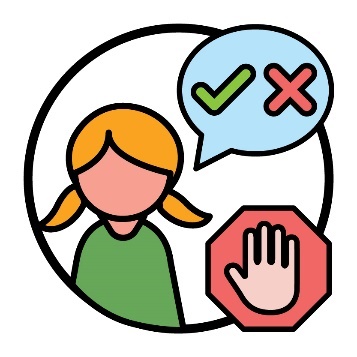 A participant and a speech bubble with a tick and a cross in it. Next to them is a stop sign.